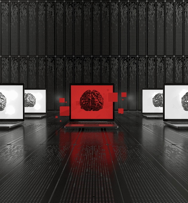 Futuristic digital screens in dark room