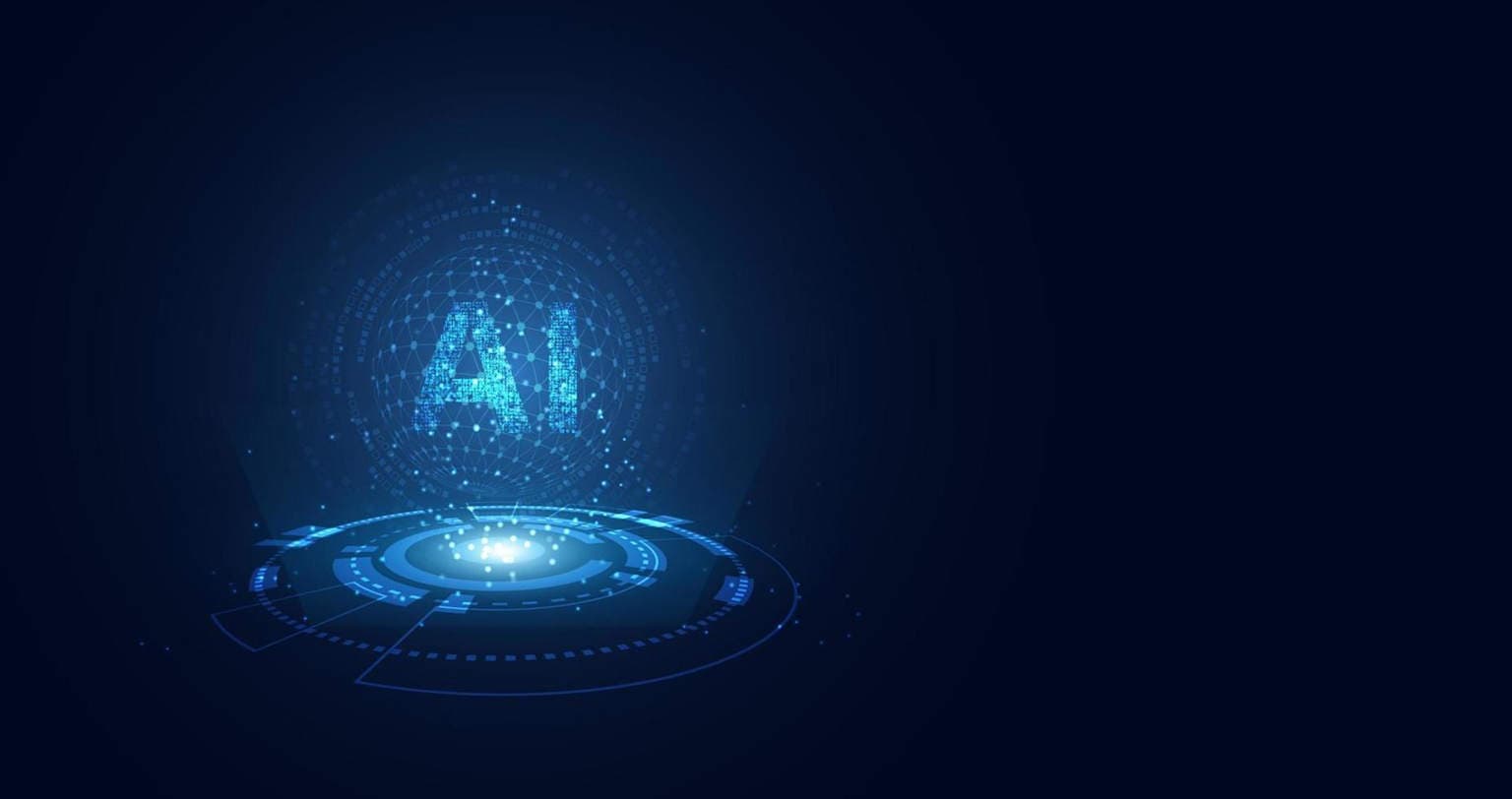 Glowing AI concept on a dark blue futuristic background