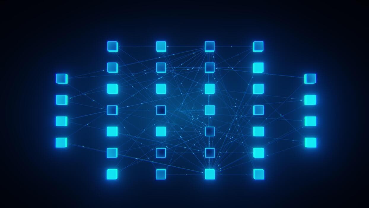 3D render of glowing neural network architecture with blue cubes and connecting lines