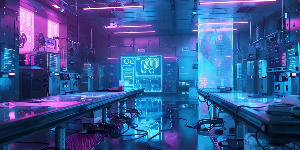 Futuristic cyberpunk research lab interior